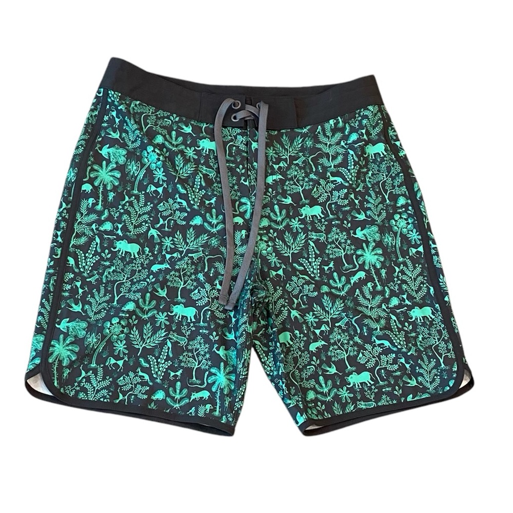 PrAna Men’s Black and Green Patterned Swim Board Shorts